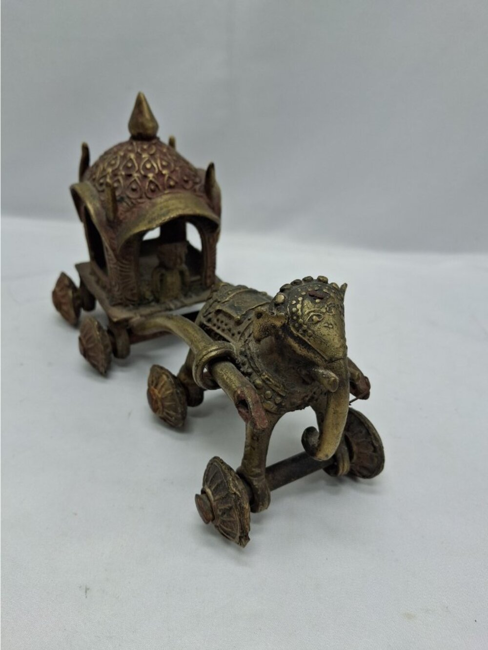 Antique Brass Indian Temple Cart With Elephant Ceremonial.- 9" L